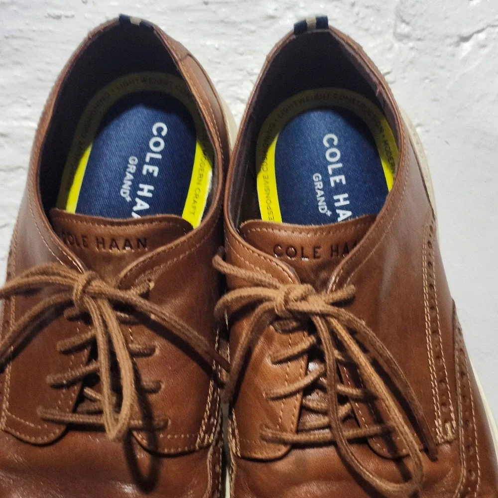 Cole Haan Mens Grand Plus Brown Leather Wingtip Oxford Shoes Brogue Size 11.5